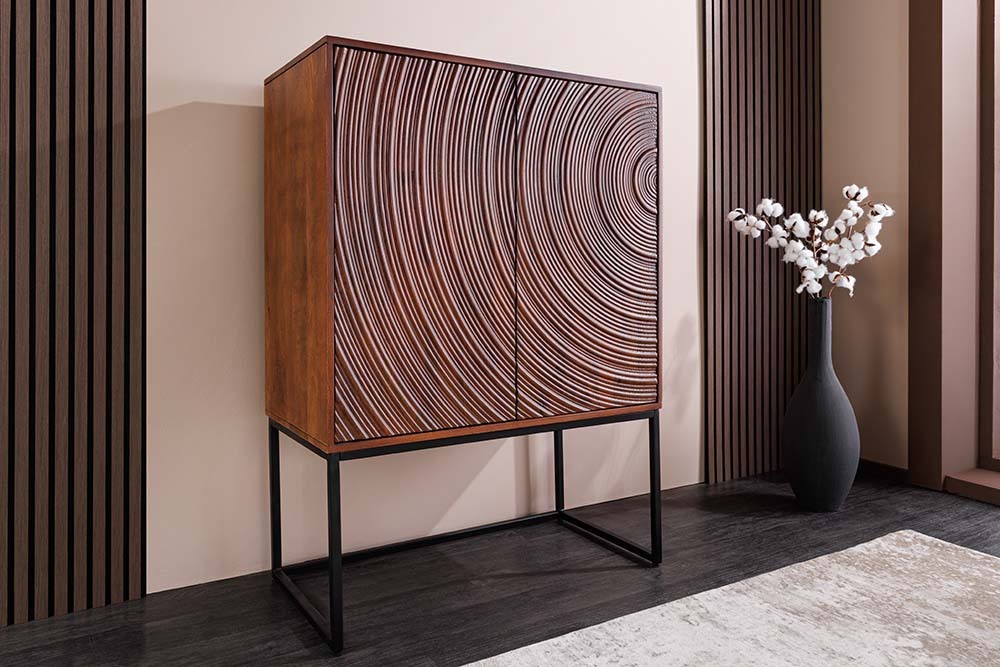 Design Highboard ORBIT 120cm braun Mangoholz mit 3D-Front schwarz Metall Design Highboard ORBIT 120cm braun Mangoholz mit 3D-Front schwarz Metall