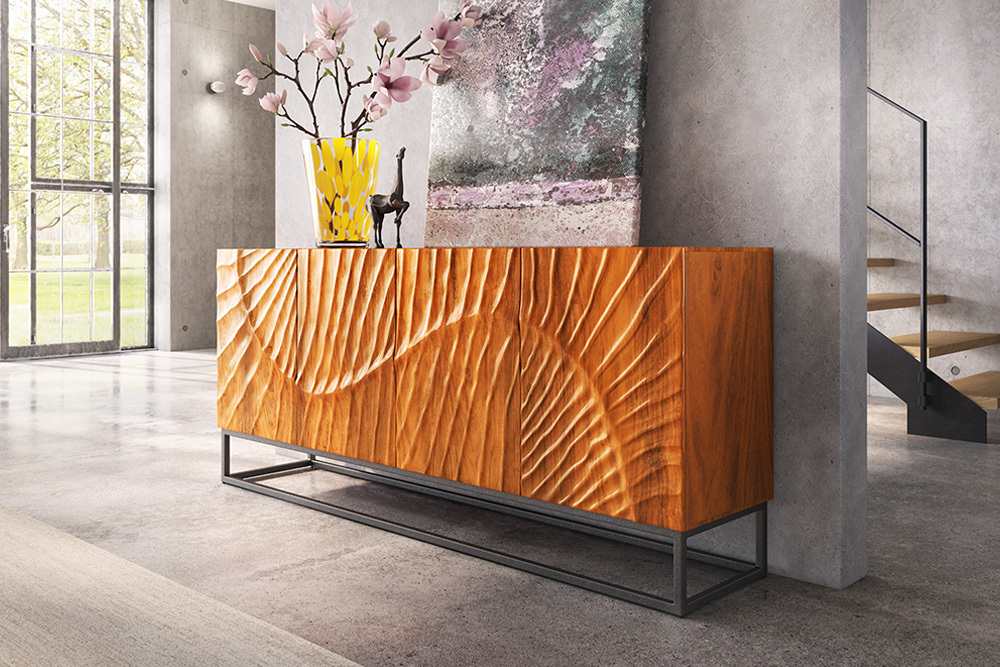 Massives Sideboard SCORPION 180cm braun Mangoholz aufwendige 3D Schnitzereien
