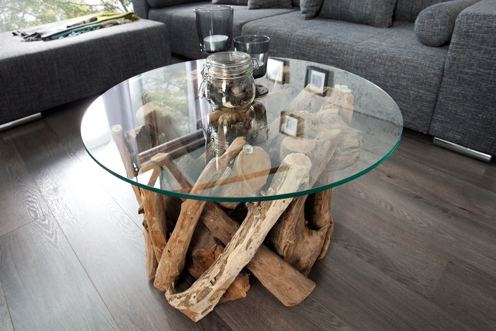 Design Couchtisch NATURE LOUNGE 60cm Teakholz mit runder Glasplatte Beistelltisch