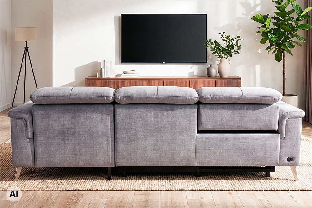 3-Sitzer Sofa IMPERIA 255cm grau Vogue Seiden Samtstoff elektrische Fußstütze
