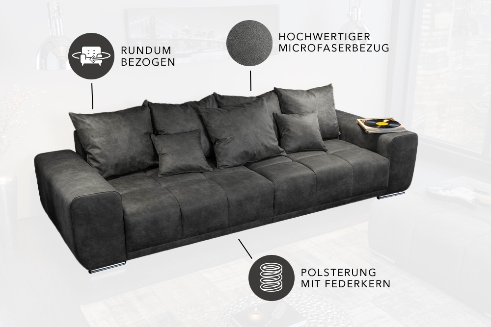 Big Sofa ELEGANCIA 285cm grau Microfaser XXL Couch inkl. Kissen Federkern