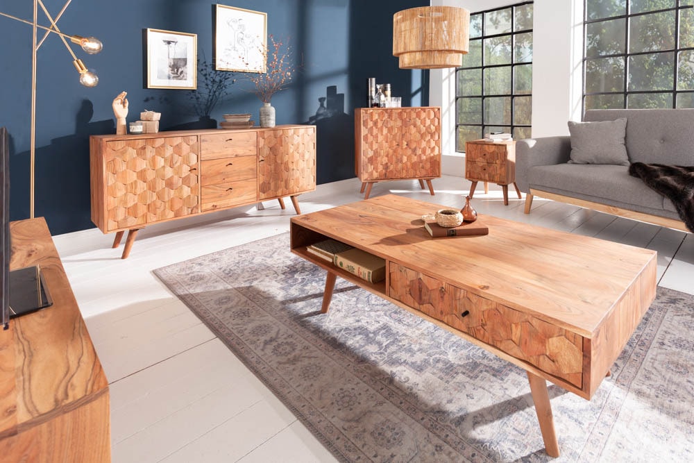 Massivholz Nachttisch MYSTIC LIVING 60cm Akazie natur 3D-Design mit Stauraum