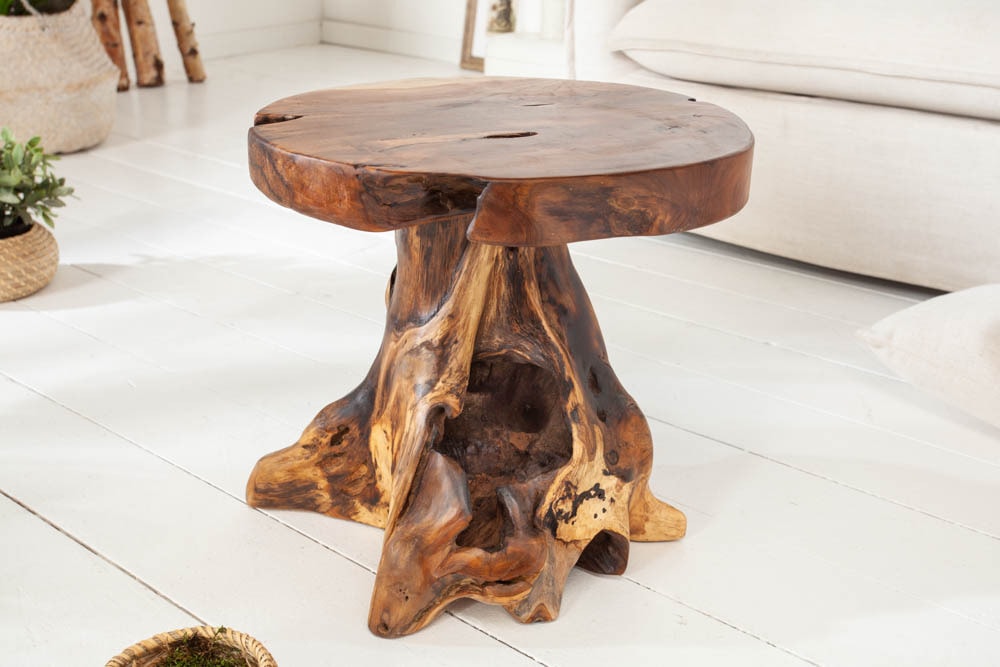 Massiver Beistelltisch ROOT 40cm Teakholz Hocker aus Wurzelholz