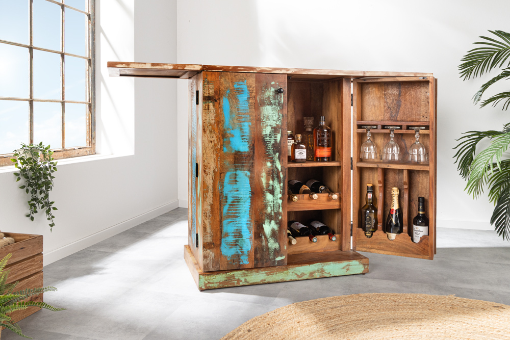 Einzigartiger Barschrank JAKARTA 100cm natur bunt recyceltes Massivholz aus Fischerbooten