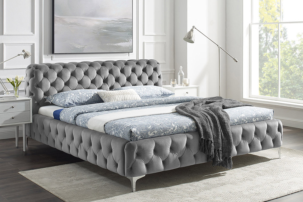 Doppelbett MODERN BAROCK 180x200cm grau Samt Chesterfield Design