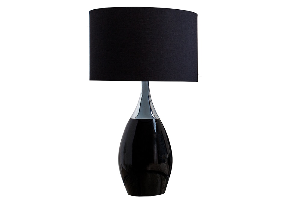 Moderne Tischlampe CARLA 60cm schwarz silber mit Leinenschirm