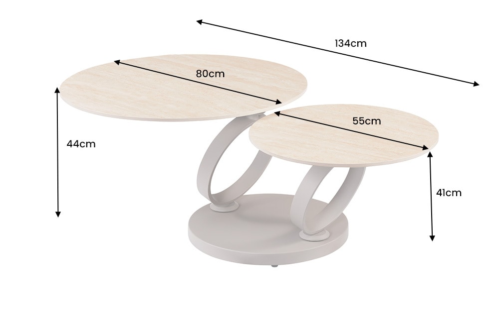 Design Couchtisch DANCING RINGS natur rund drehbar Travertin Keramik champagner greige