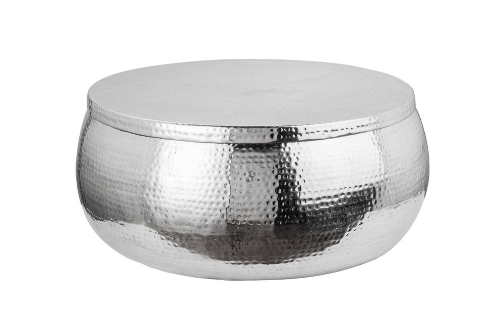 Runder Couchtisch ORIENT STORAGE 70cm silber Metall mit Stauraum Hammerschlag Design handmade