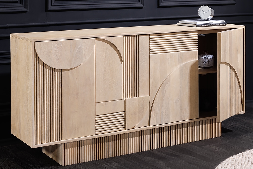 Design Sideboard ART DECO 170cm weiß gekälkt Mangoholz massiv 3D-Front