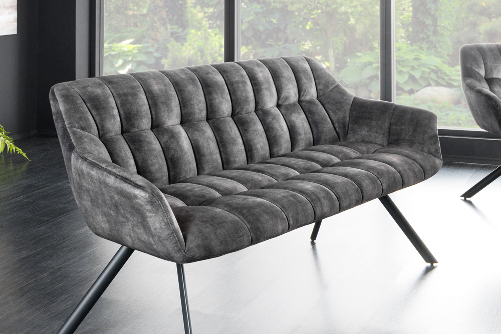 Esszimmer Sitzbank PAPILLON 165cm grau Samt mit Rückenlehne schwarzes Metallgestell
