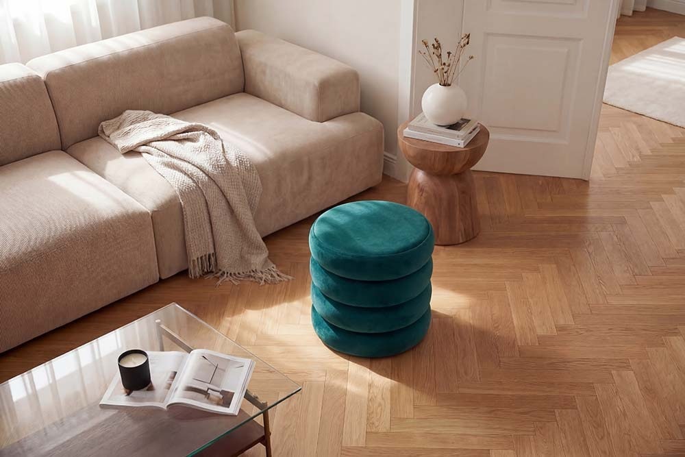 Runder Polsterhocker VOGUE 40cm grün Samt mit Stauraum