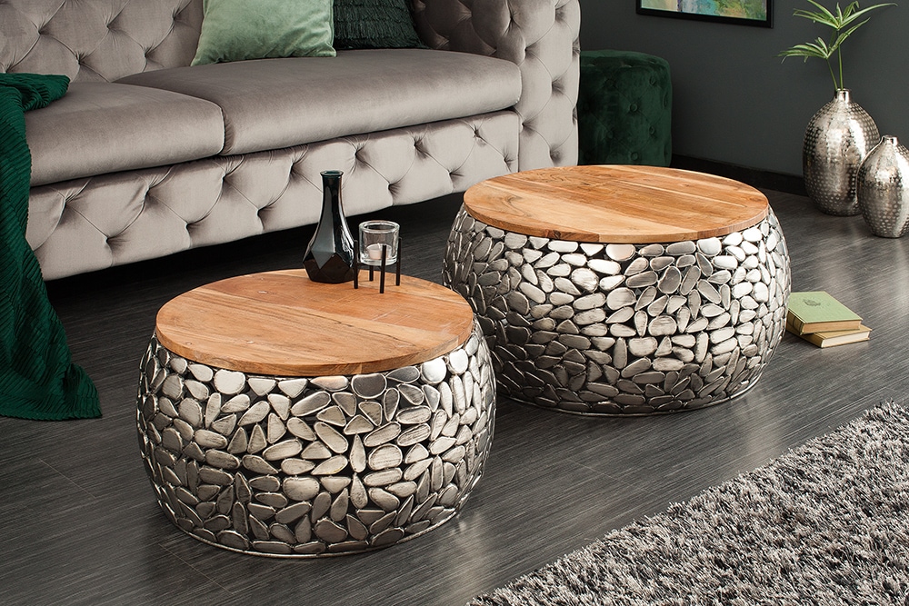 2er Set Runde Couchtische STONE MOSAIC 65cm silber Mangoholz Metall handmade Mosaik Design