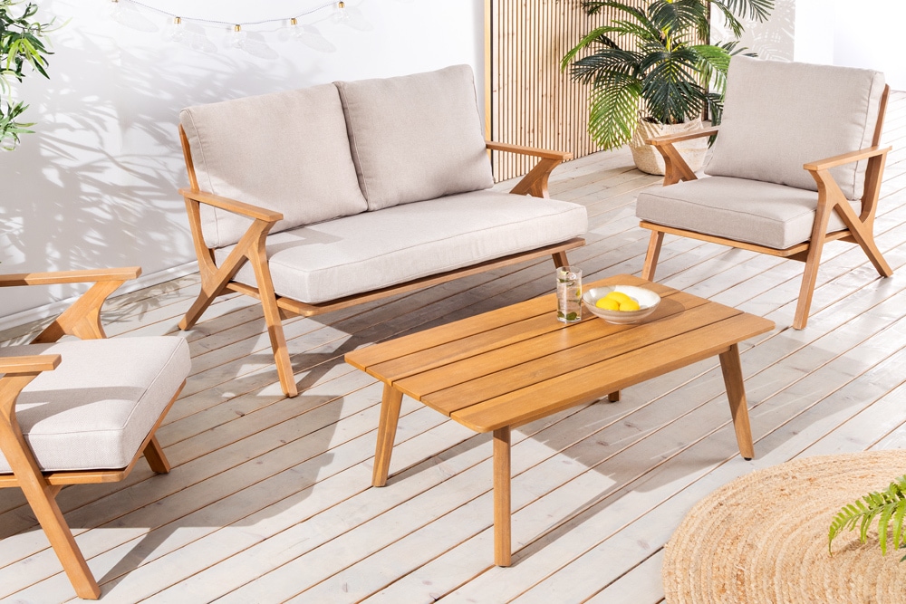 Wetterfestes Gartenlounge-Set COMFORT LINE natur beige Akazie 4-teilig inkl. Tisch