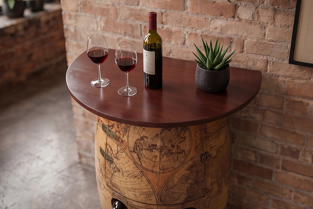 Massives Weinregal SEVEN SEAS 80cm natur Pinienholz Weltkarte Weinfass Barschrank