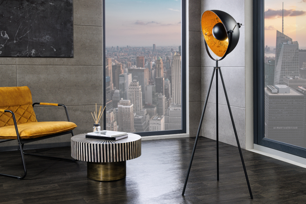 Industrial Stehlampe STUDIO 150cm schwarz Blattgold-Optik neigbarer Schirm