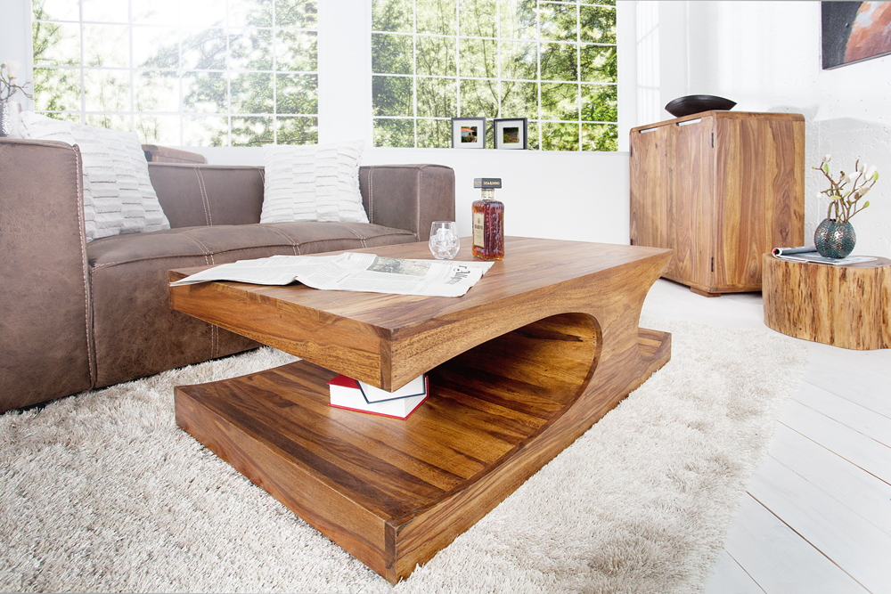 Design Couchtisch CUBUS 120cm braun Sheesham Massivholz stone finish mit Stauraum