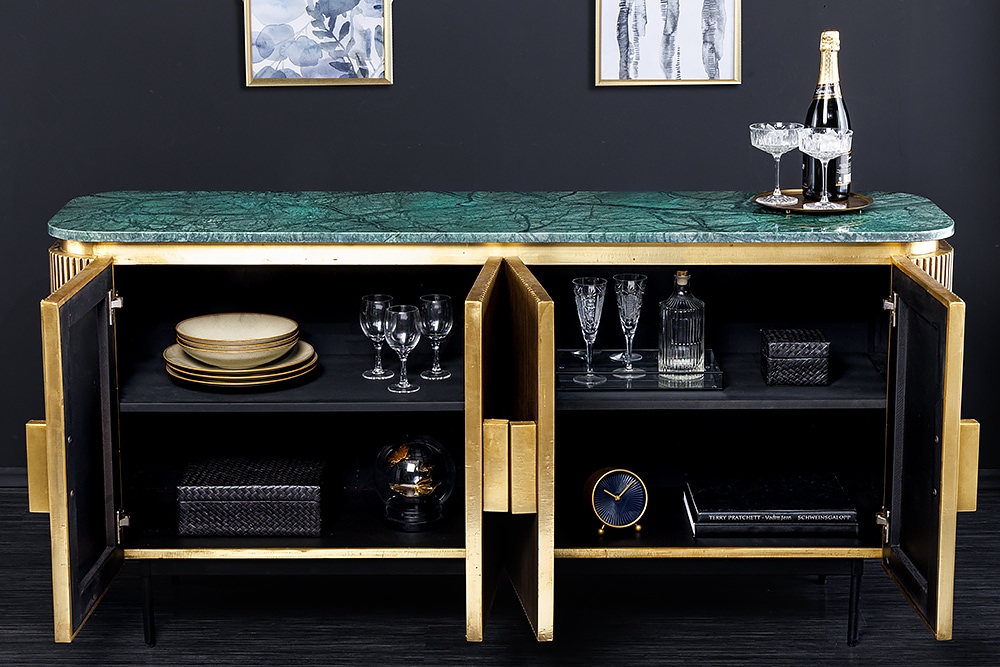 Design Sideboard VENEZIANO 160cm messing grün Marmorplatte Mangoholz Retro