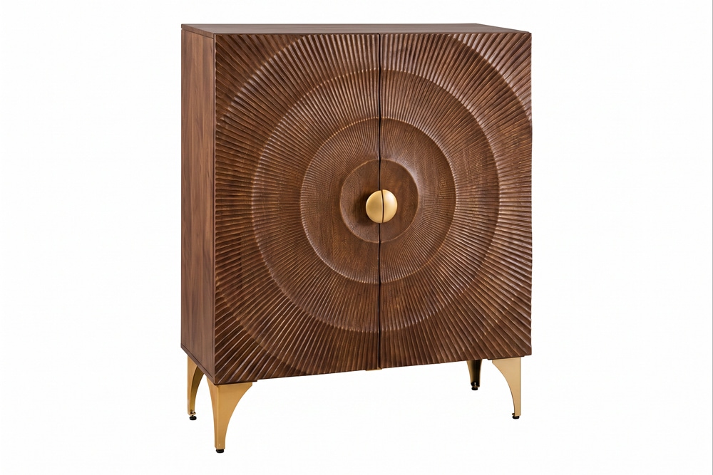 Massives Highboard GOLDEN SUNSET 120cm braun gold Mangoholz mit 3D Schnitzereien