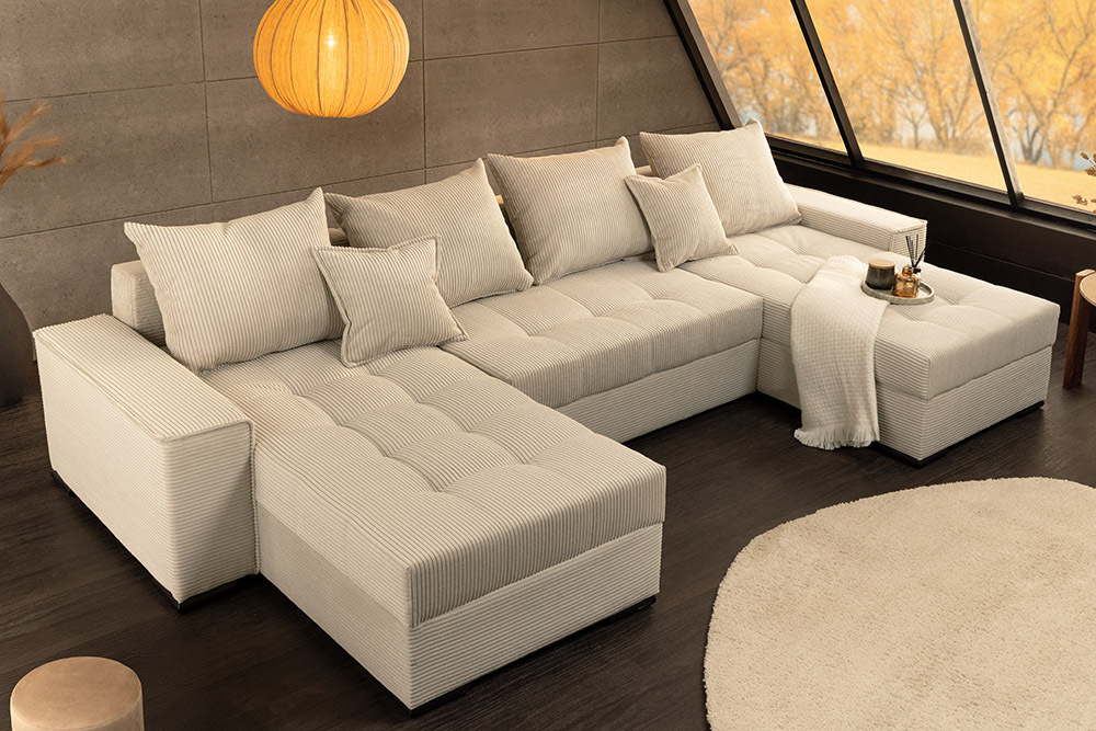 XXL Wohnlandschaft LODGE 315cm champagner beige Cord Sofa mit Schlaffunktion » Jetzt kaufen