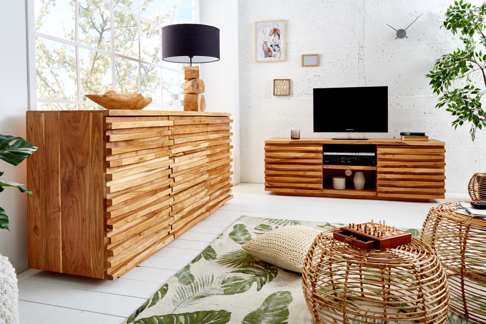 Massivholz Sideboard RELIEF 160cm Akazie Kommode mit Schubladen aufwändige Front