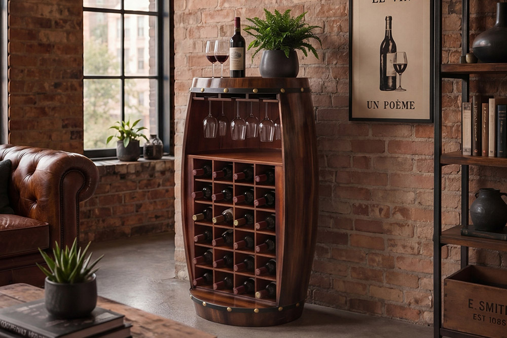 Massives Weinregal BODEGA 97cm coffee braun Pinie Fass-Bartisch für 24 Flaschen