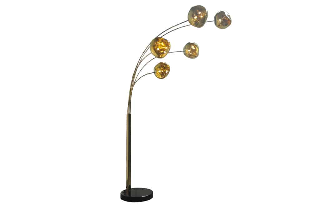 Design Stehlampe LIQUID DIAMOND 200cm gold fünf Glasschirme mit Marmorfuß