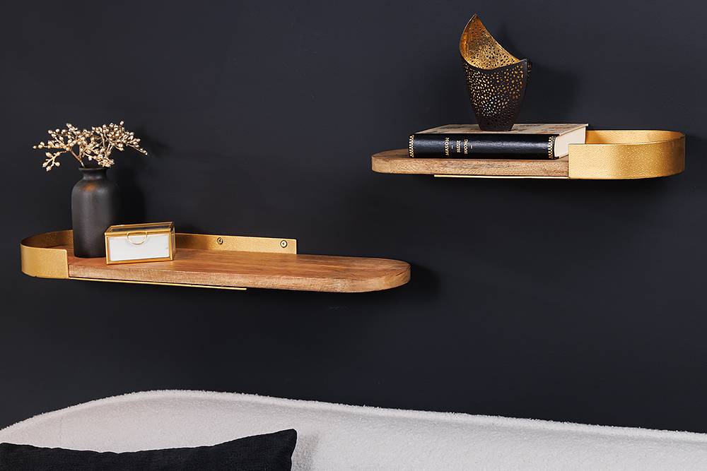 Modernes 2er Set Wandregal PURE NATURE 60cm gold Mangoholz massiv Metall handmade