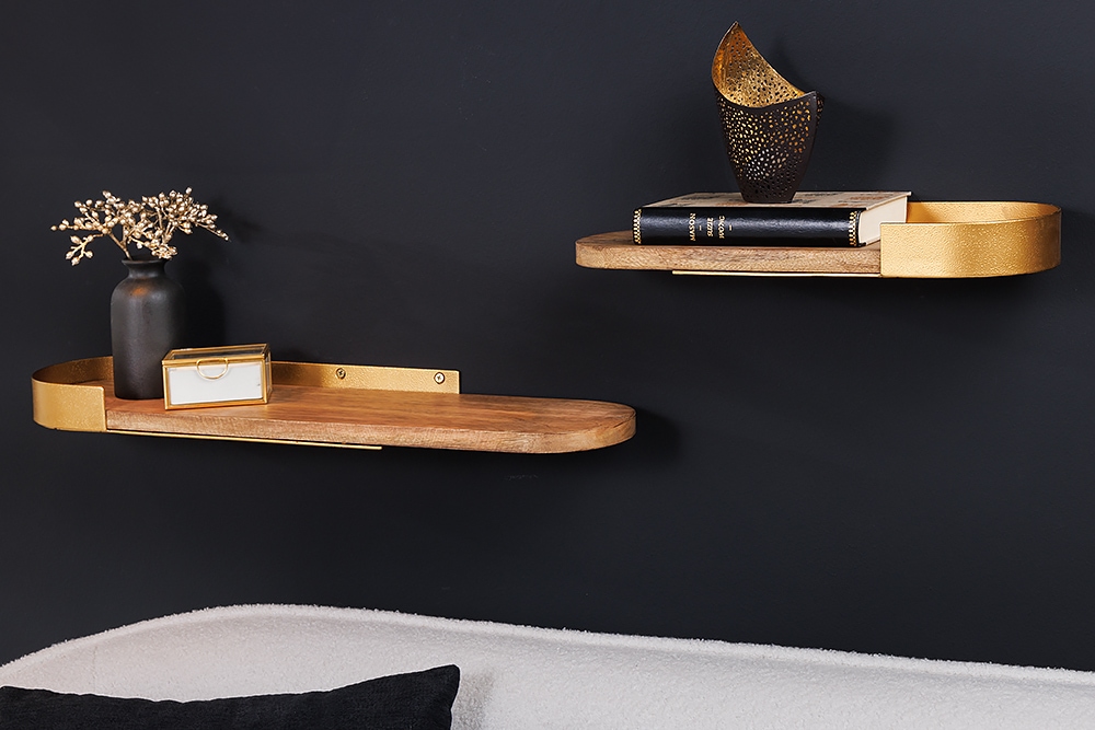 Modernes 2er Set Wandregal PURE NATURE 60cm gold Mangoholz massiv Metall handmade Modernes 2er Set Wandregal PURE NATURE 60cm gold Mangoholz massiv Metall handmade