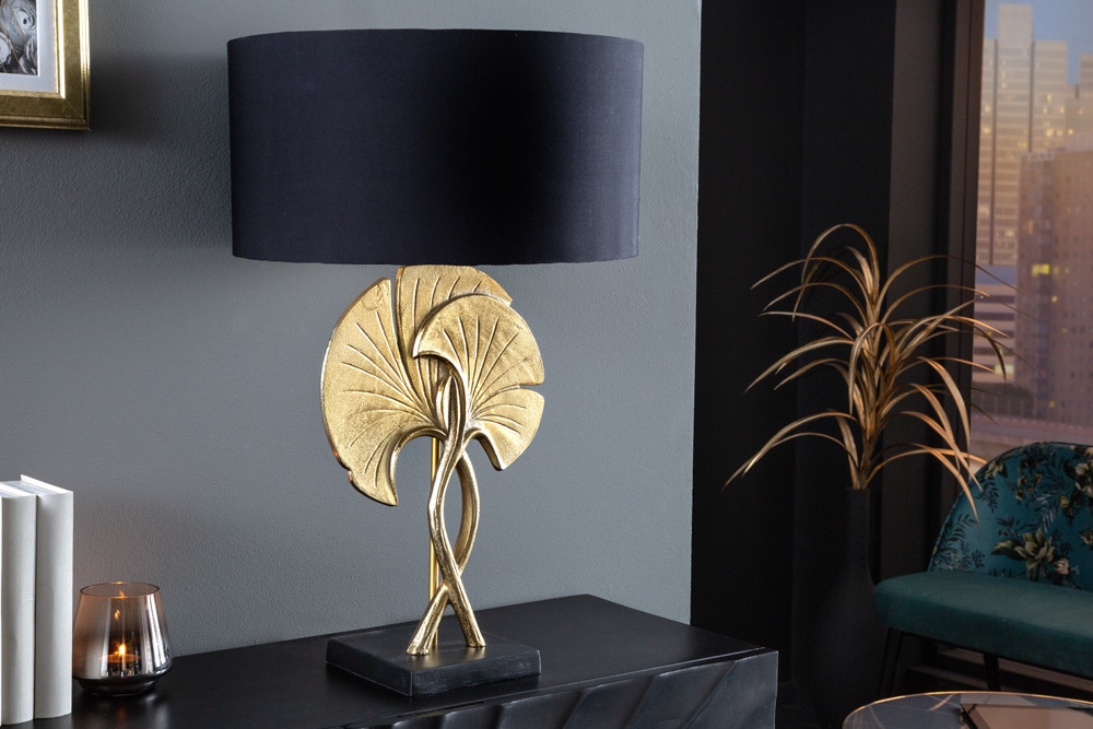 Dekorative Tischlampe GINKGO 62cm schwarz gold Metall Skulptur Leuchte mit Marmorfuß