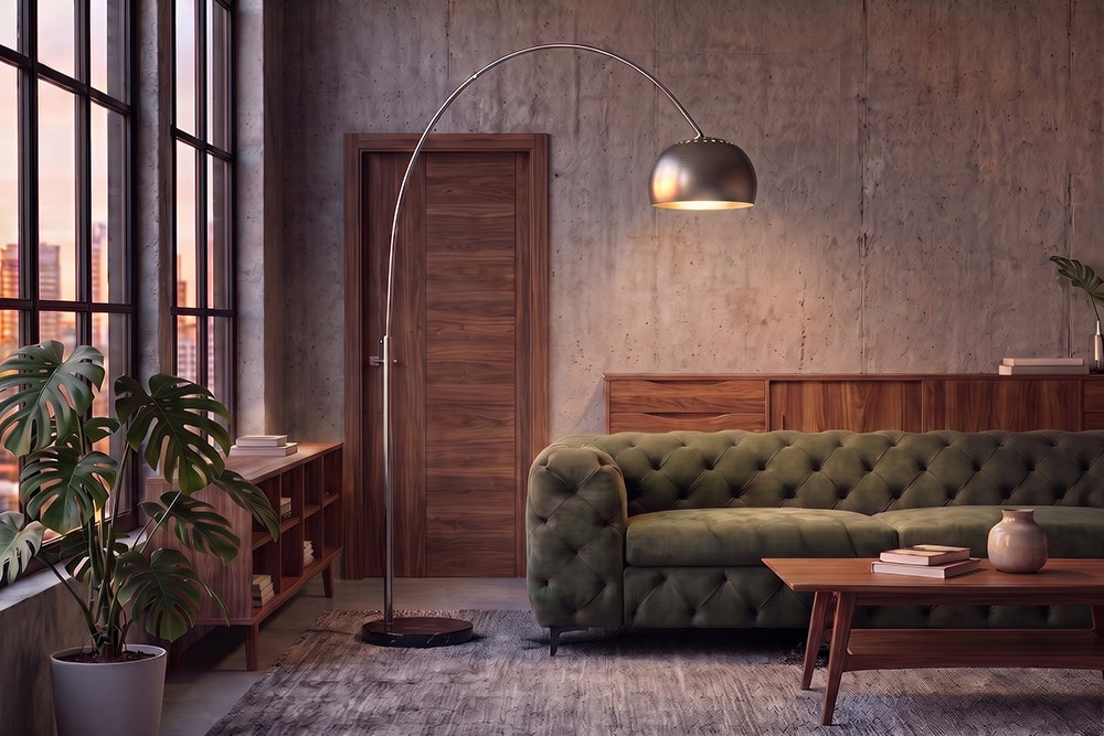 Ausziehbare Bogenlampe LOUNGE DEAL 170-210cm chrom gebürstet Marmorfuß Stehlampe