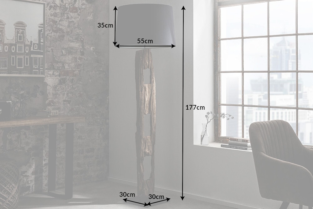 Massive Stehlampe BARRACUDA 177cm natur Akazie Baumwollschirm schwarz Baumstamm