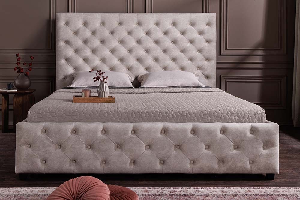 Design Boxbett PARIS 160x200cm champagner beige Samt mit Stauraum und Lattenrost