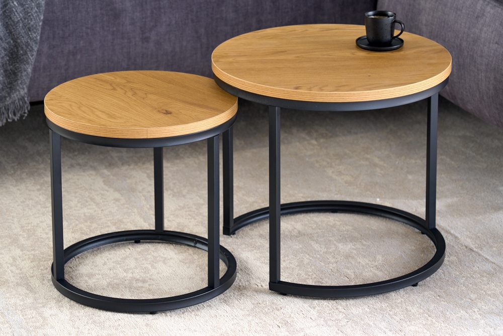 Runde Beistelltische 2er Set ELEGANCE 45cm natur Wildeiche-Design Holz schwarzes Metallgestell
