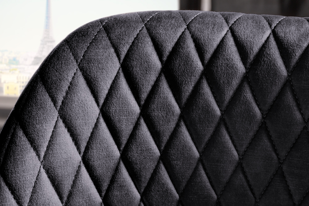 Design Barhocker PARIS grau Samt mit Lehne Metall schwarz gold Ziersteppung