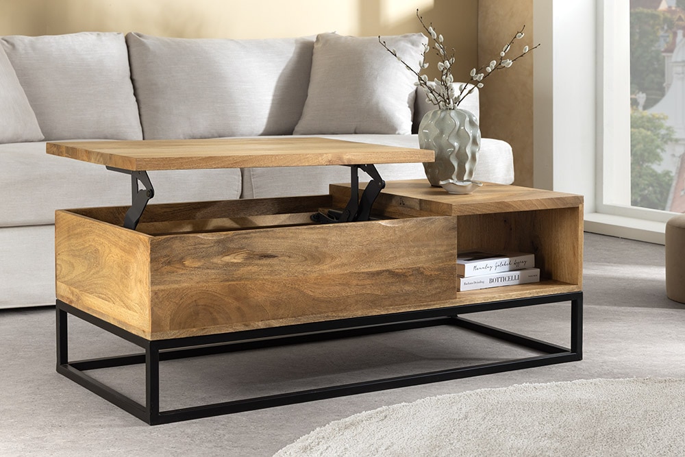 Höhenverstellbarer Couchtisch MAKASSAR FUNCTION 110cm natur cream finish Mangoholz massiv
