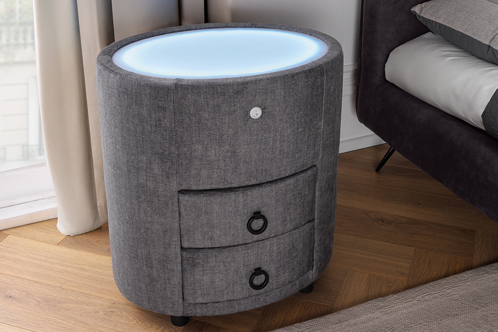 Nachttisch SIGNUM 55cm oval grau Vogue Seiden Samtstoff inkl. Beleuchtung Schubladen