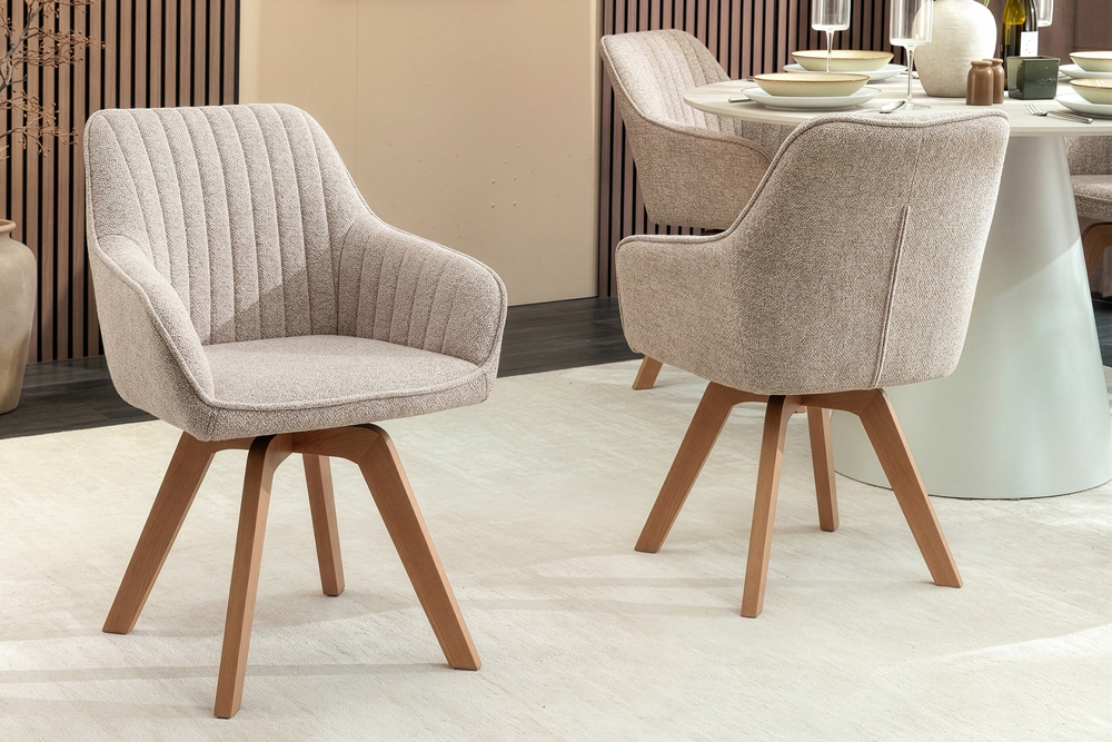 Design Stuhl LIVORNO beige Strukturstoff Massivholzbeine drehbar Auto-Return-Funktion