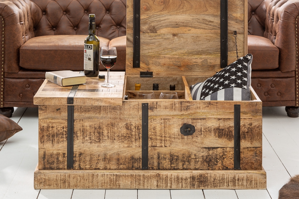 Massivholz Couchtisch BODEGA 100cm Mangoholz Hausbar Truhe mit Stauraum