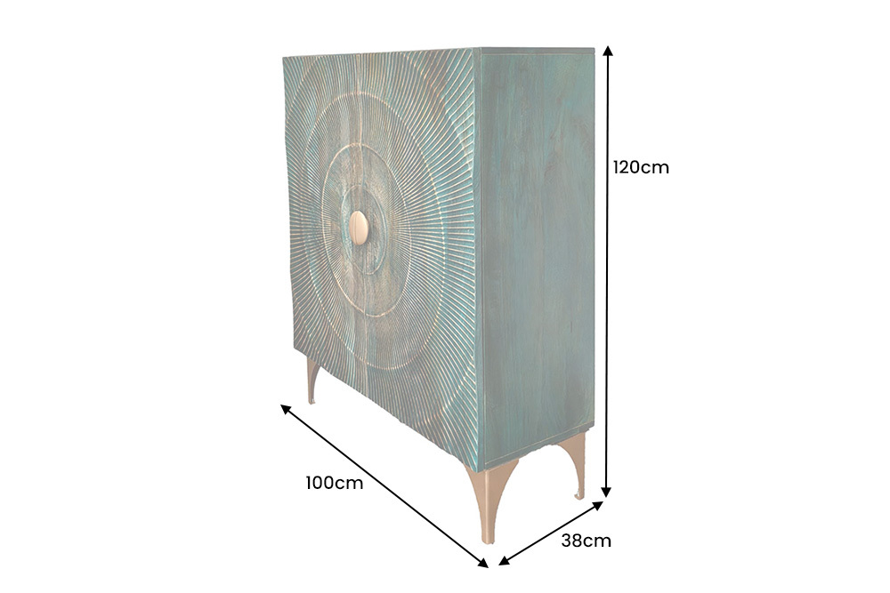 Massives Highboard GOLDEN SUNSET 120cm türkis gold Mangoholz mit 3D Schnitzereien