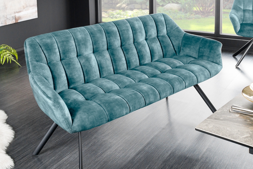 Esszimmer Sitzbank PAPILLON 165cm petrol Samt mit Lehnen schwarzes Metallgestell