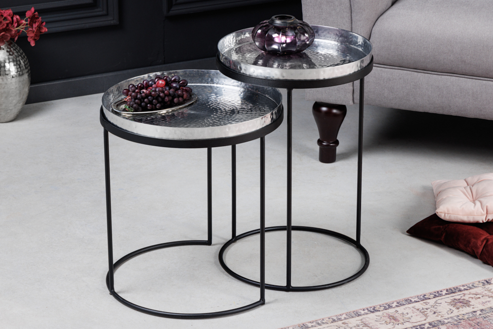 Design 2er Set Beistelltisch ELEMENTS 55cm silber Hammerschlag handmade rund