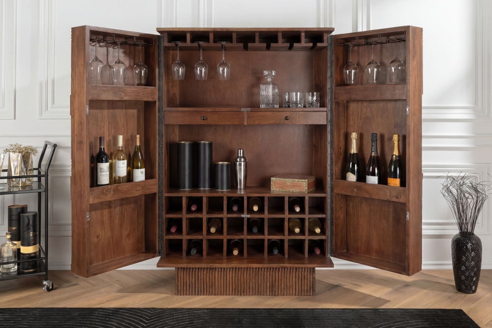 Massiver Barschrank ART DECO 140cm braun Mangoholz 3D-Front Highboard Flaschenregal