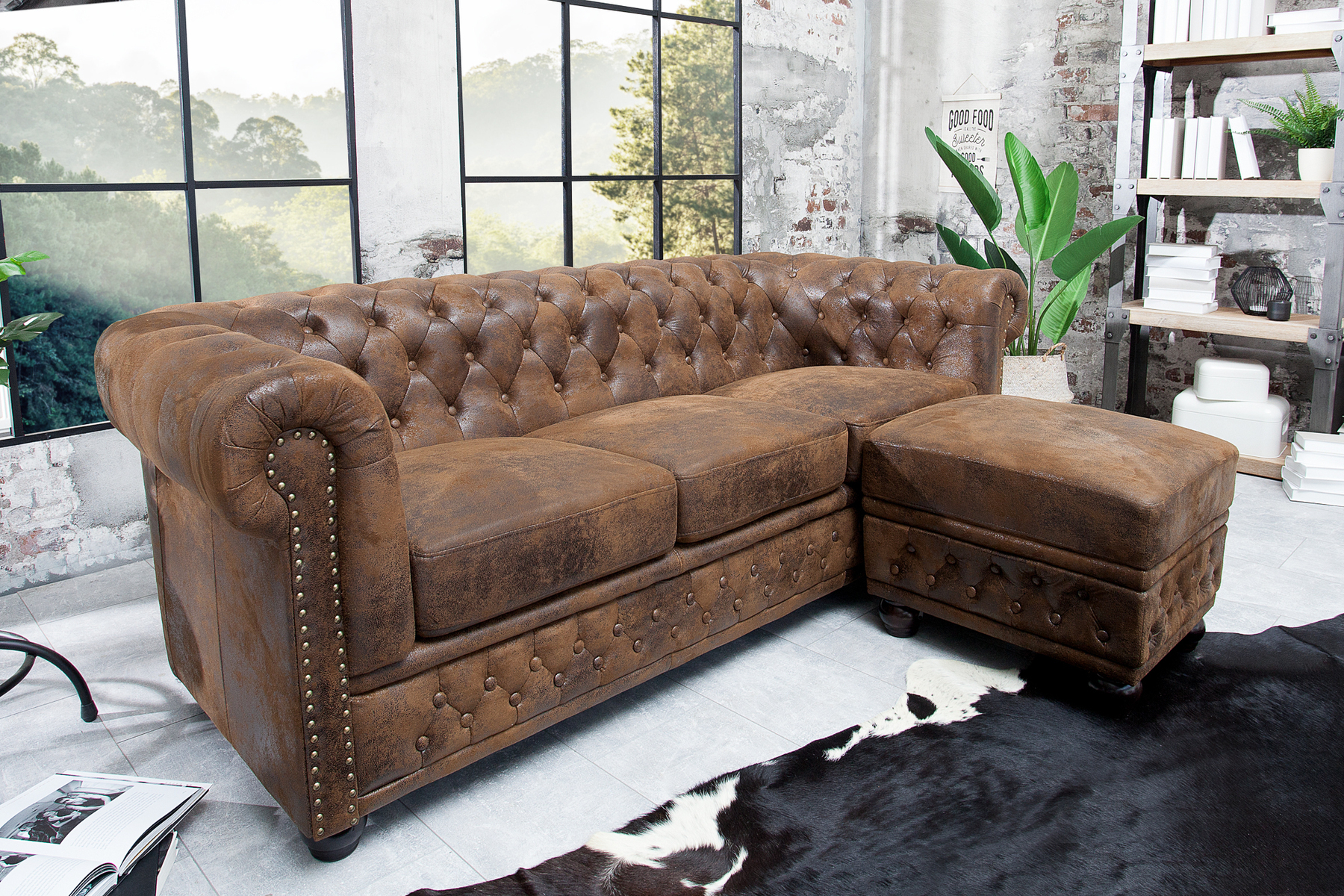 Chesterfield 3-Sitzer Sofa 205cm antik braun Microfaser Federkern Knopfheftung