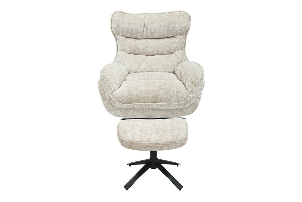 Drehbarer Hocker CLOUD champagner beige Chenillestoff schwarz Metall Fußhocker