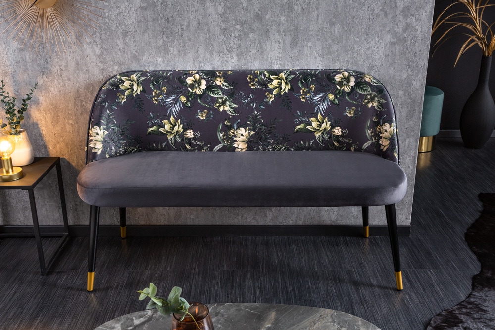 Design Bank PRÊT-À-PORTER grau Samt florales Muster und goldene Fußkappen