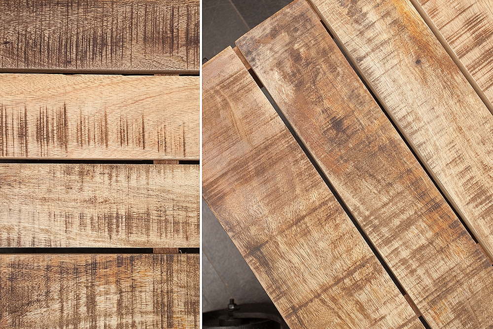 Massiver Design Couchtisch RAILWAY 110cm Mangoholz mit 4 Rädern