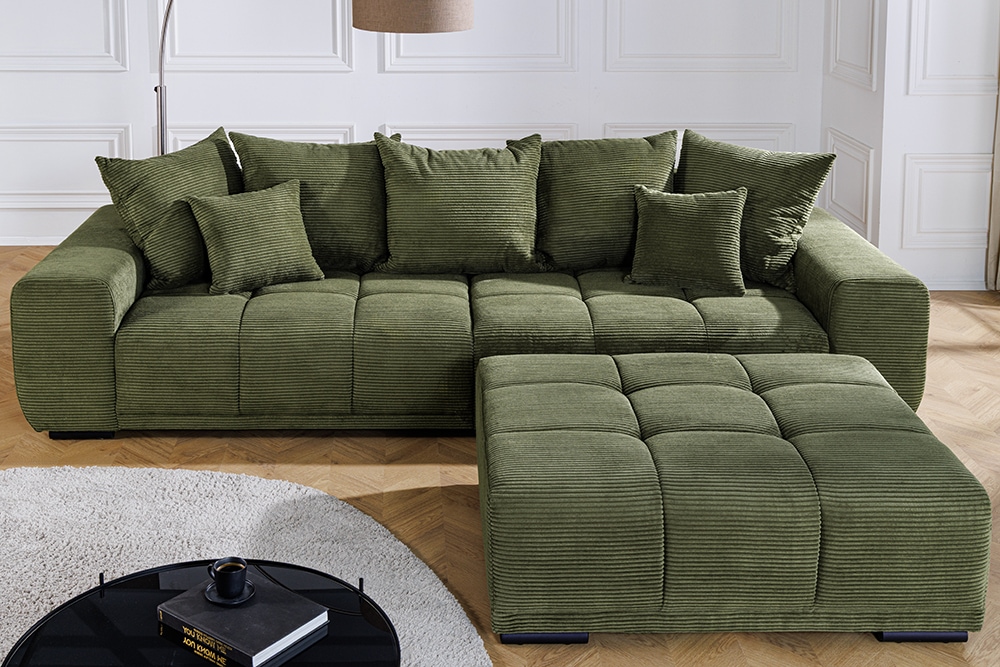 Modernes XXL Sofa ELEGANCIA 285cm grün Cord Federkern inklusive Kissen Bigsofa