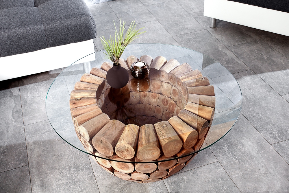Handgearbeiteter Couchtisch PURE NATURE 70cm Teak Massivholz rund mit Glasplatte