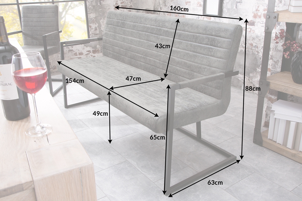 Industrial Freischwinger Bank LOFT 160cm vintage grau mit Armlehne