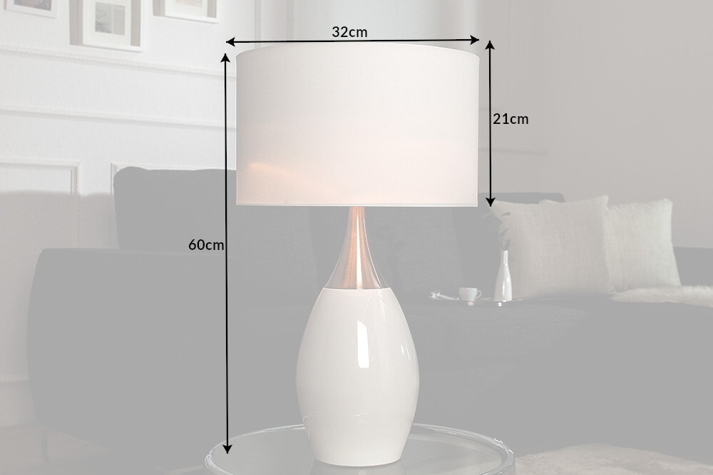Moderne Tischlampe CARLA 60cm weiß silber mit Leinenschirm